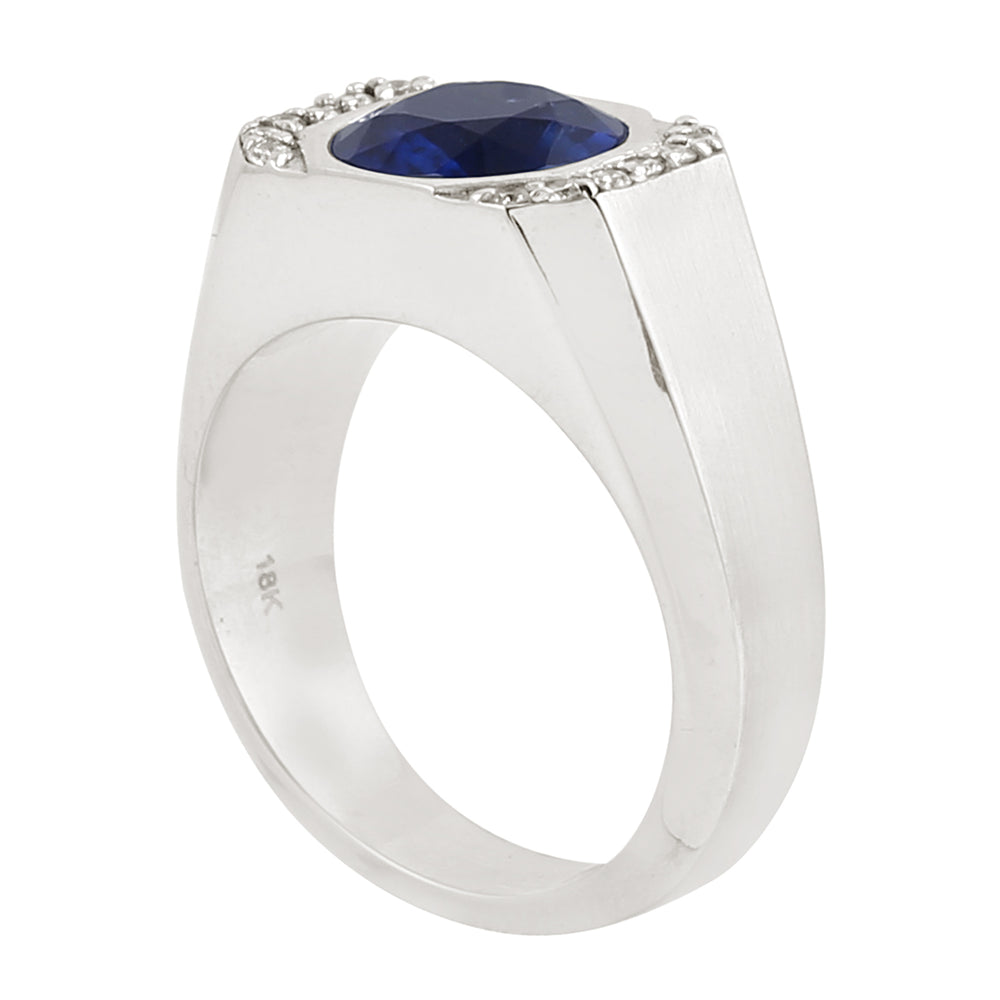 18K White Gold Blue Sapphire & Diamond Men's Signet Ring