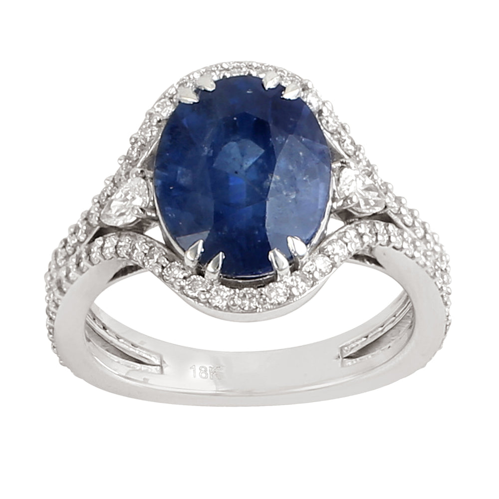 Oval Cut Blue Sapphire Gemstone Pave Diamond In 18k White Gold Solitaire Ring