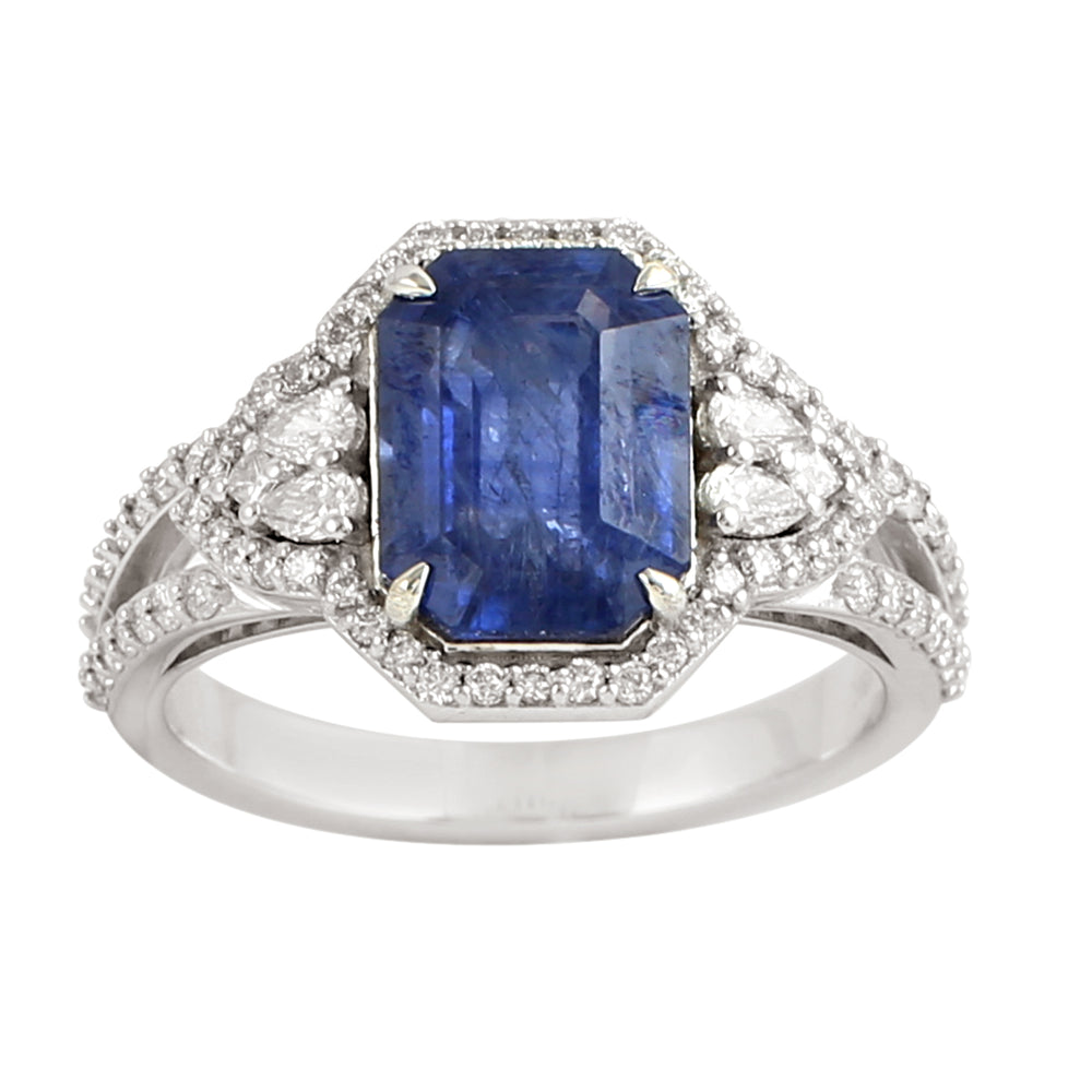 Emerald Cut Sapphire Rose Cut Diamond In White Gold Solitaire Ring For Her