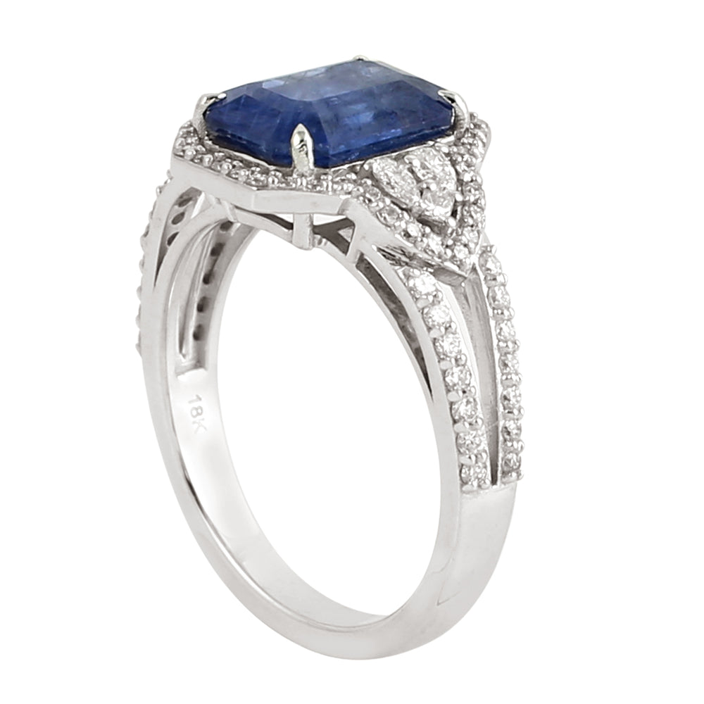 Emerald Cut Sapphire Rose Cut Diamond In White Gold Solitaire Ring For Her