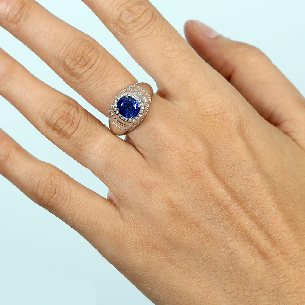 Oval Cut Blue Sapphire Pave Diamond Engagement Solitaire Ring In 18K White Gold For Her