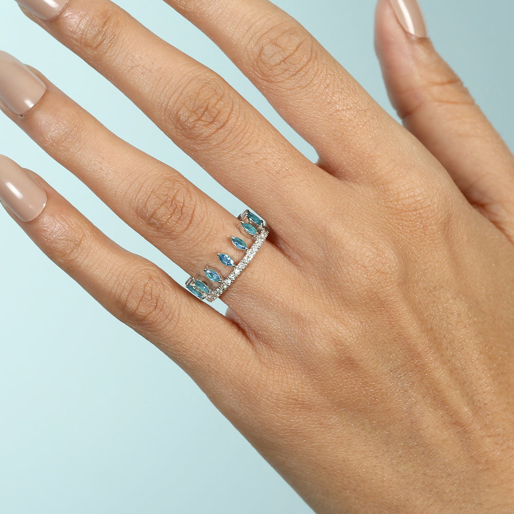 Marquise Aquamarine Pave Diamond Tiara Ring In White Gold