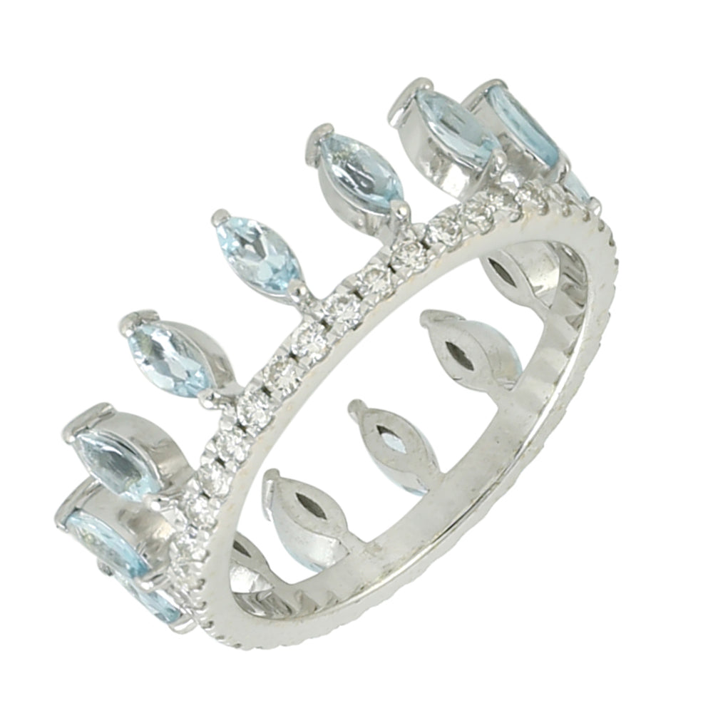 Marquise Aquamarine Pave Diamond Tiara Ring In White Gold