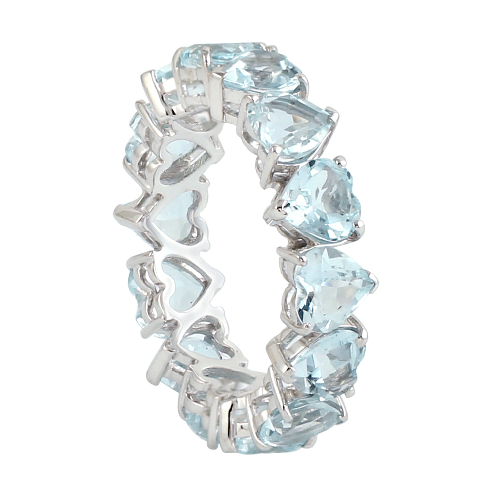 Aquamarine March Birthstone In 18k White Gold Heart Cut Band Ring For Love Gift