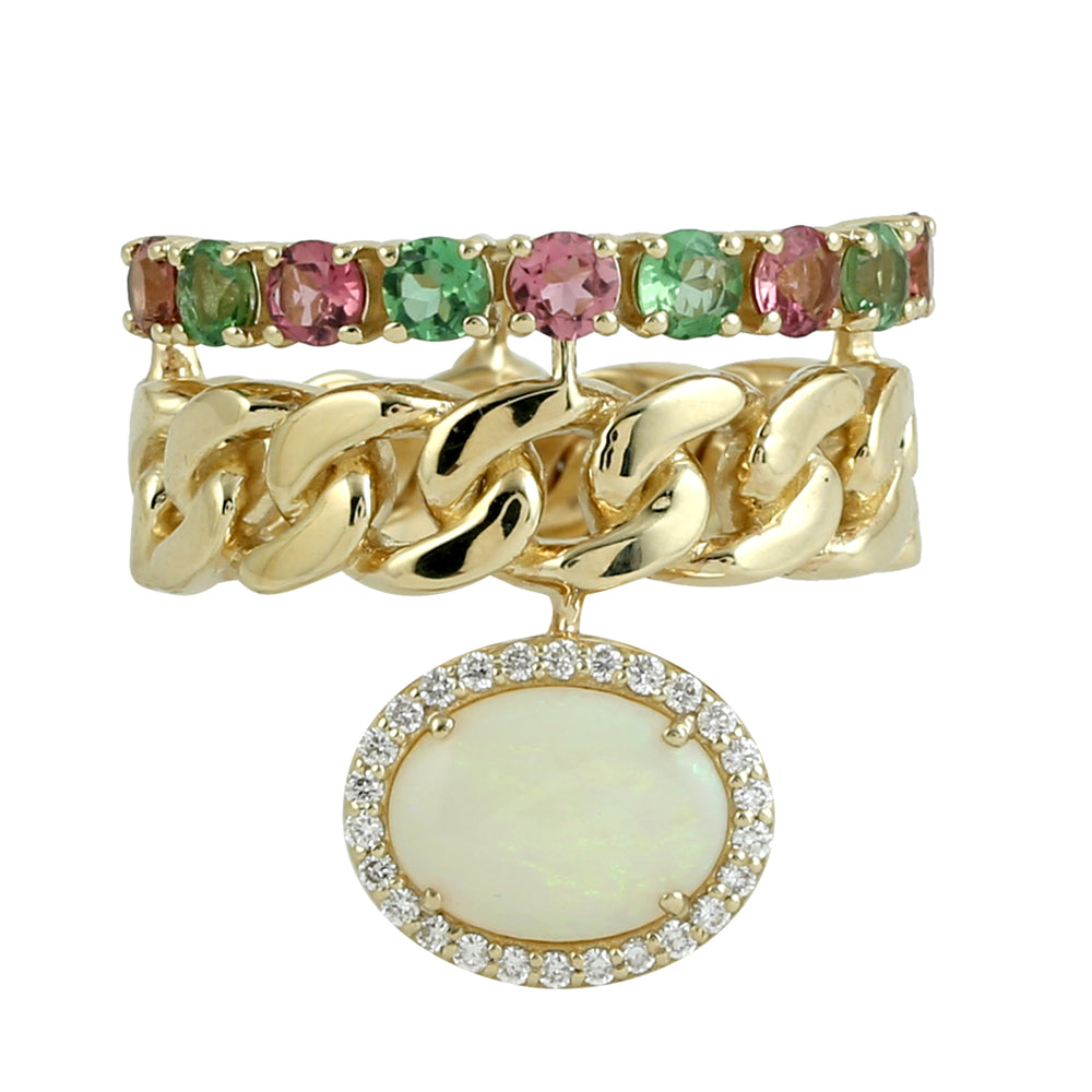 Oval Opal Ethiopian Multi Tourmaline Pave Diamond Designer Ring 14K Gold For October Birthstone