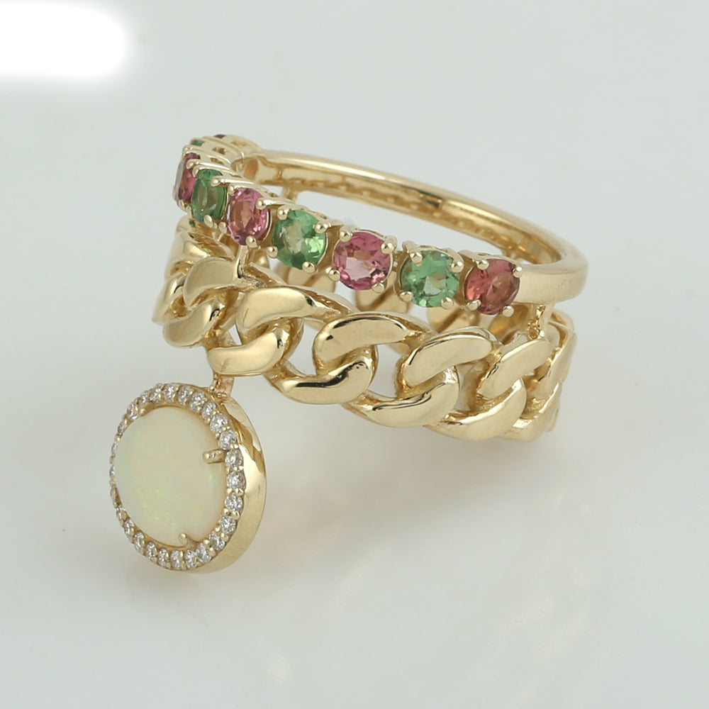 Oval Opal Ethiopian Multi Tourmaline Pave Diamond Designer Ring 14K Gold For October Birthstone