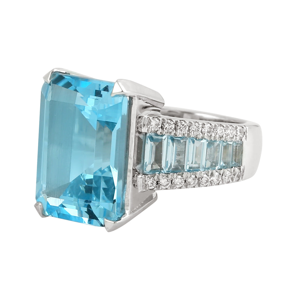 Emerald Cut Blue Topaz & Diamond Solitaire Ring in White Gold – Faceted Gemstone Ring for Women
