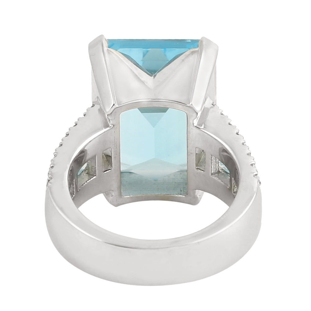 Emerald Cut Blue Topaz & Diamond Solitaire Ring in White Gold – Faceted Gemstone Ring for Women