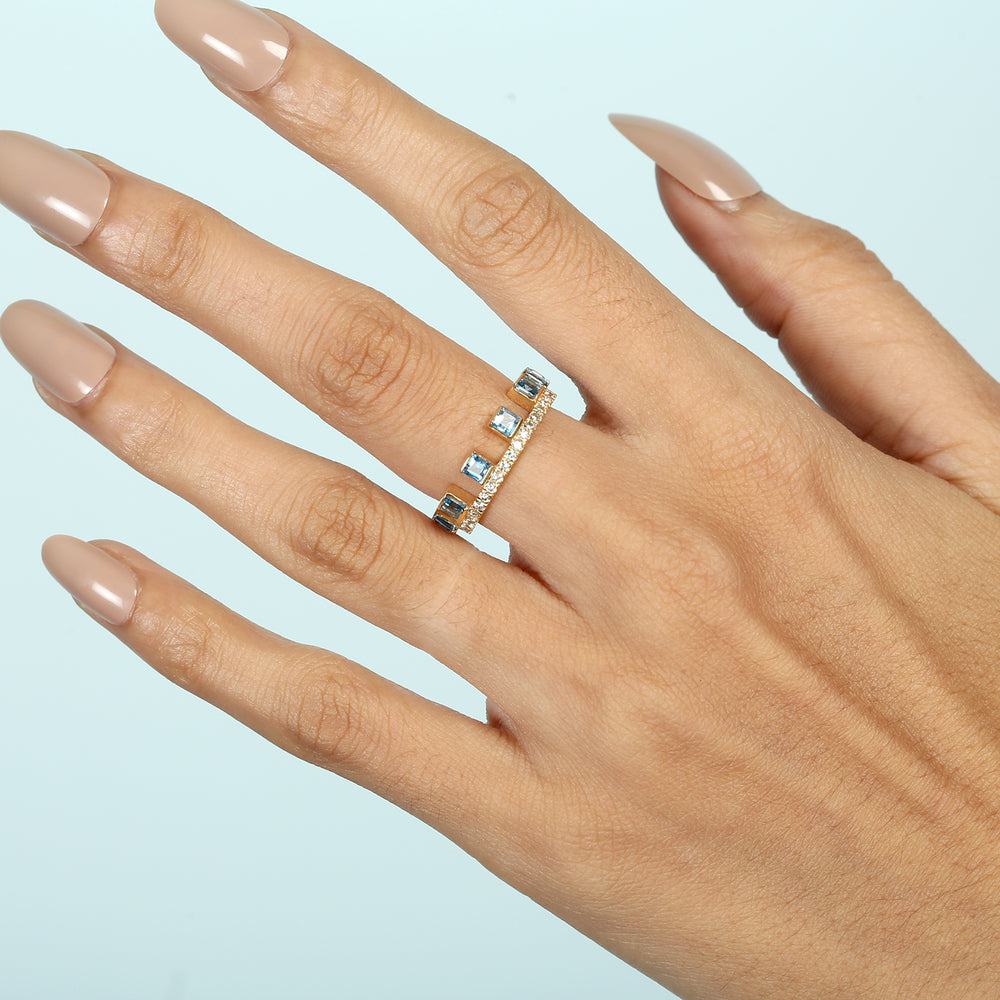 Square Cut Aquamarine Pave Diamond Tiara Ring In 18k Yellow Gold