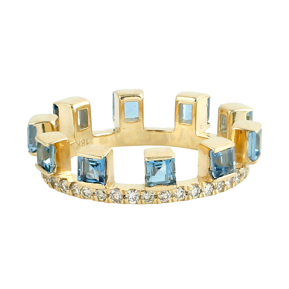 Square Cut Aquamarine Pave Diamond Tiara Ring In 18k Yellow Gold