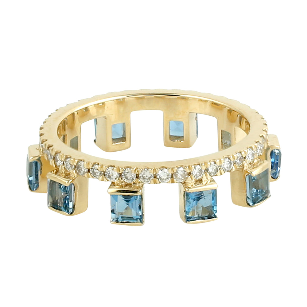 Square Cut Aquamarine Pave Diamond Tiara Ring In 18k Yellow Gold