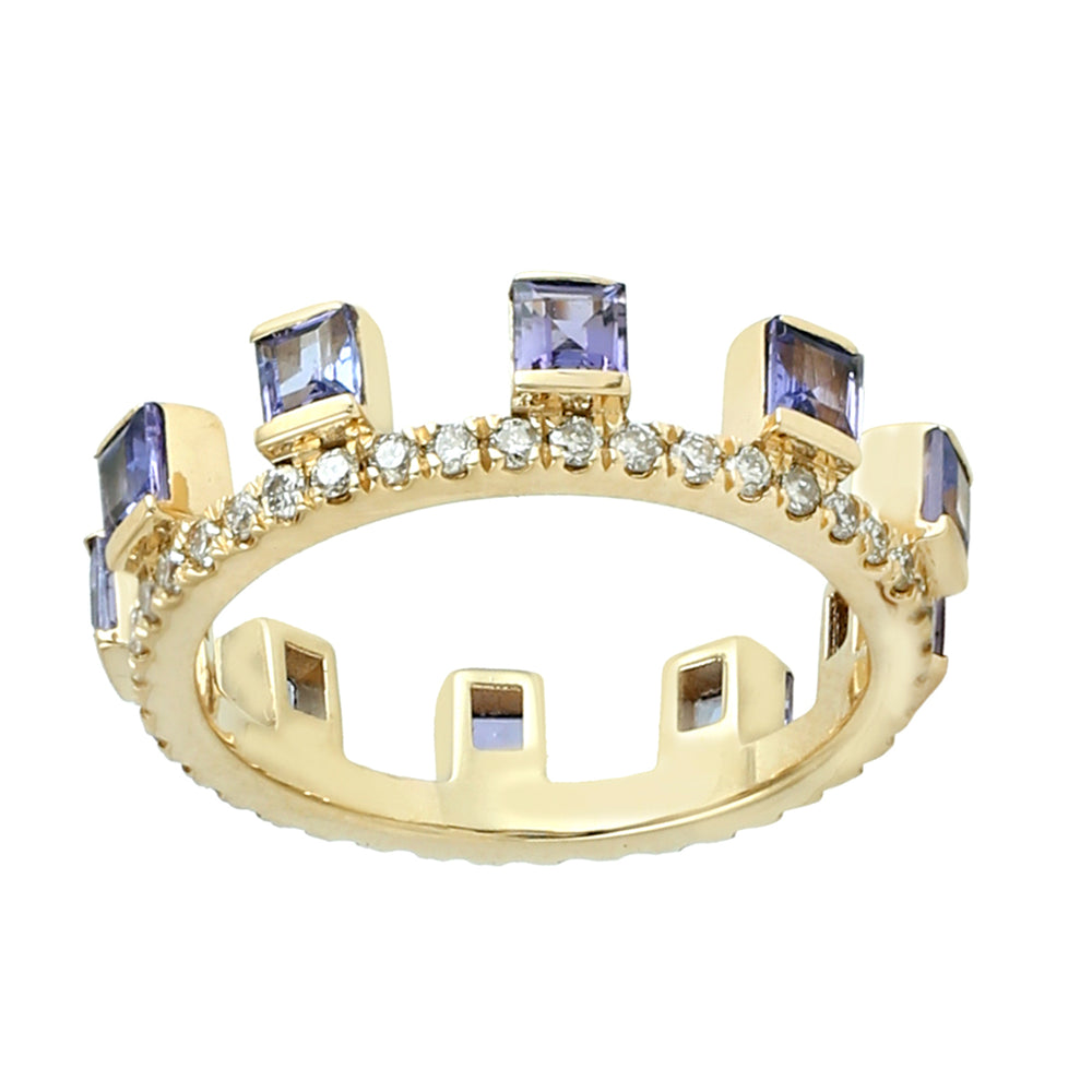 Square Cut Tanzanite Pave Diamond Tiara Ring In 18k Yellow Gold