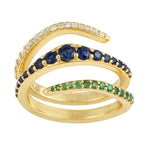 Blue Sapphire Tsavorite Pave Diamond In 14k Solid Gold Spiral Ring