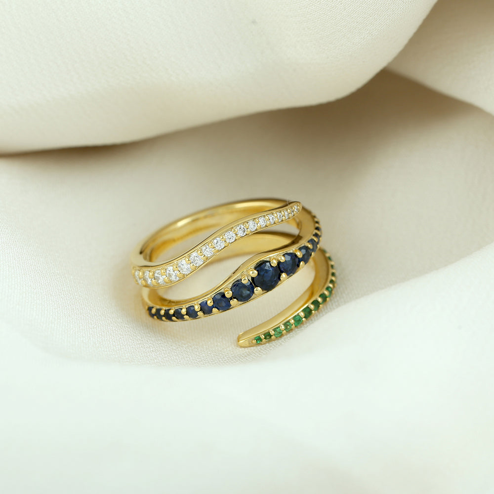 Blue Sapphire Tsavorite Pave Diamond In 14k Solid Gold Spiral Ring