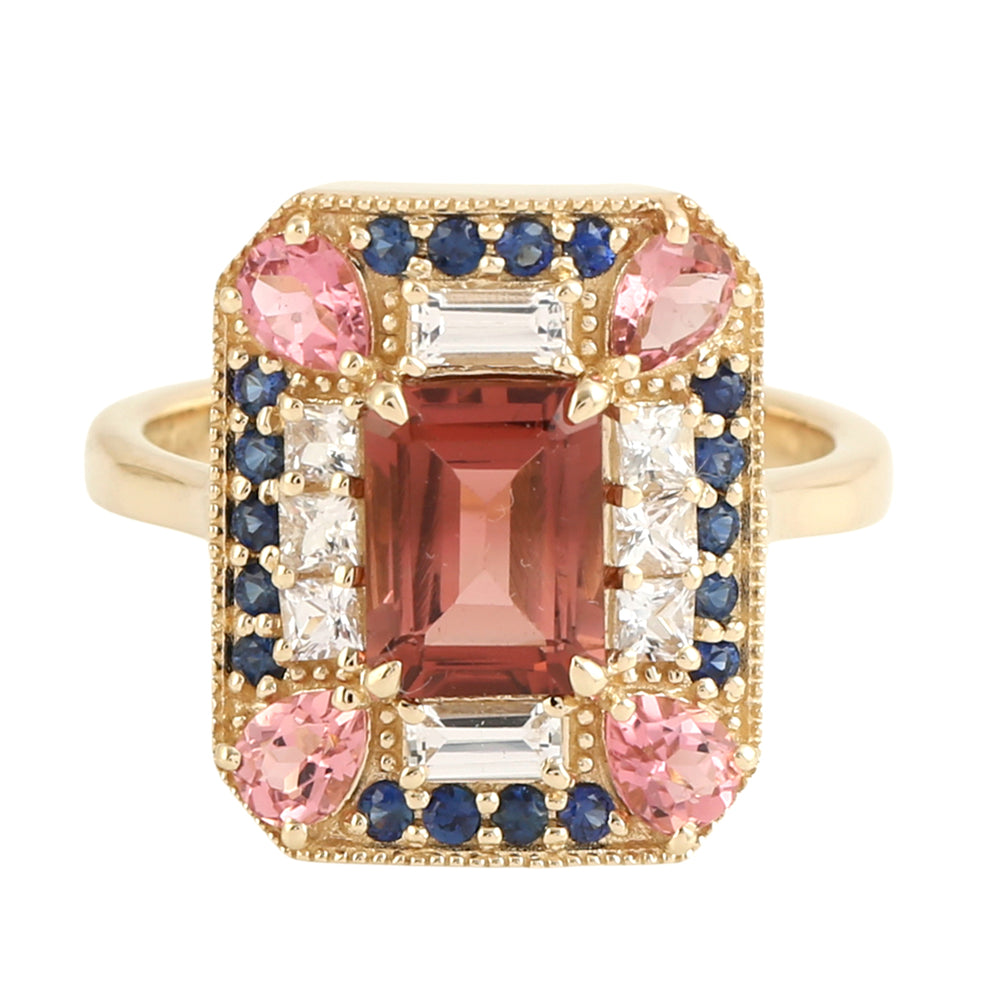 Tourmaline, Pink Sapphire & Blue Sapphire Geometric Cocktail Ring in 14K Yellow Gold