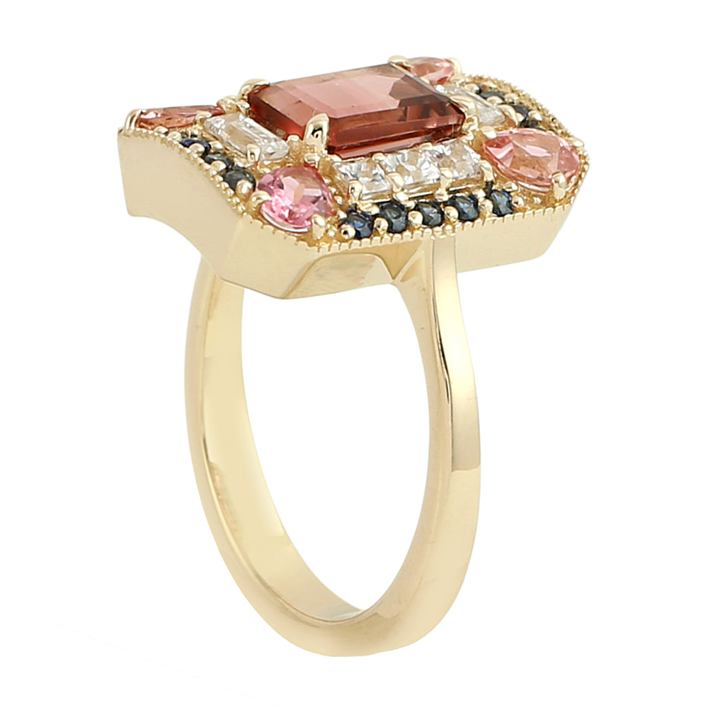 Tourmaline, Pink Sapphire & Blue Sapphire Geometric Cocktail Ring in 14K Yellow Gold