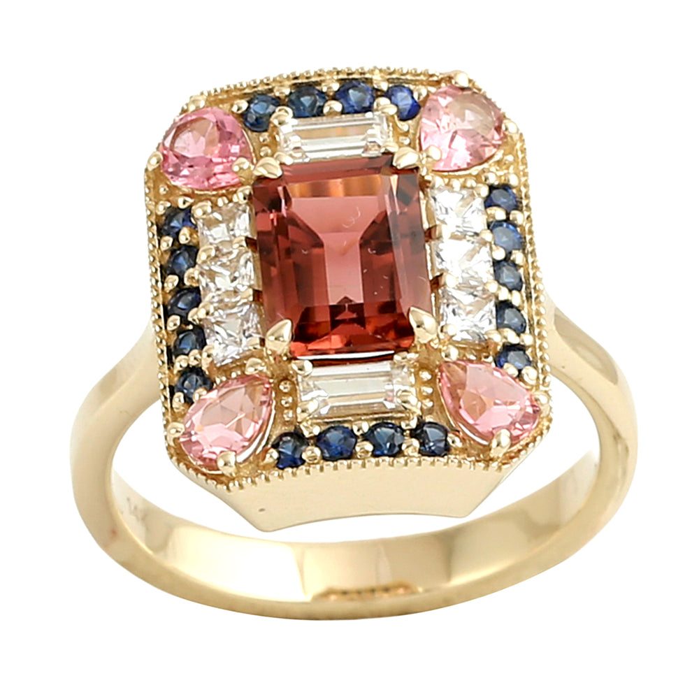 Tourmaline, Pink Sapphire & Blue Sapphire Geometric Cocktail Ring in 14K Yellow Gold