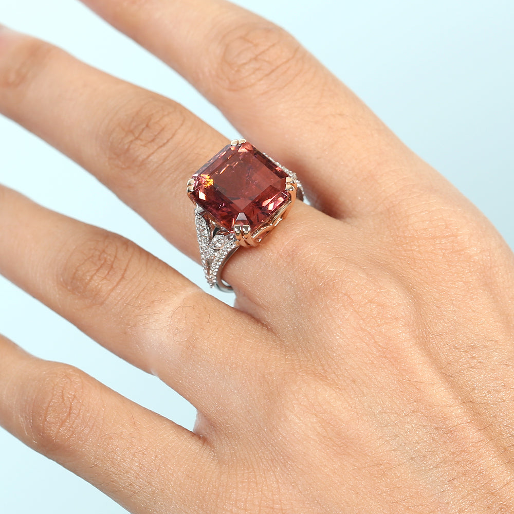 Octagon Pink Tourmaline Pave Diamond Wedding Ring in 18K White & Rose Gold