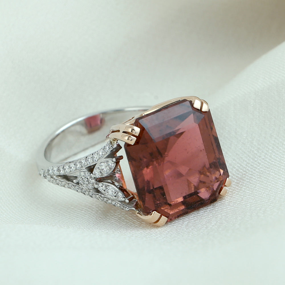Octagon Pink Tourmaline Pave Diamond Wedding Ring in 18K White & Rose Gold