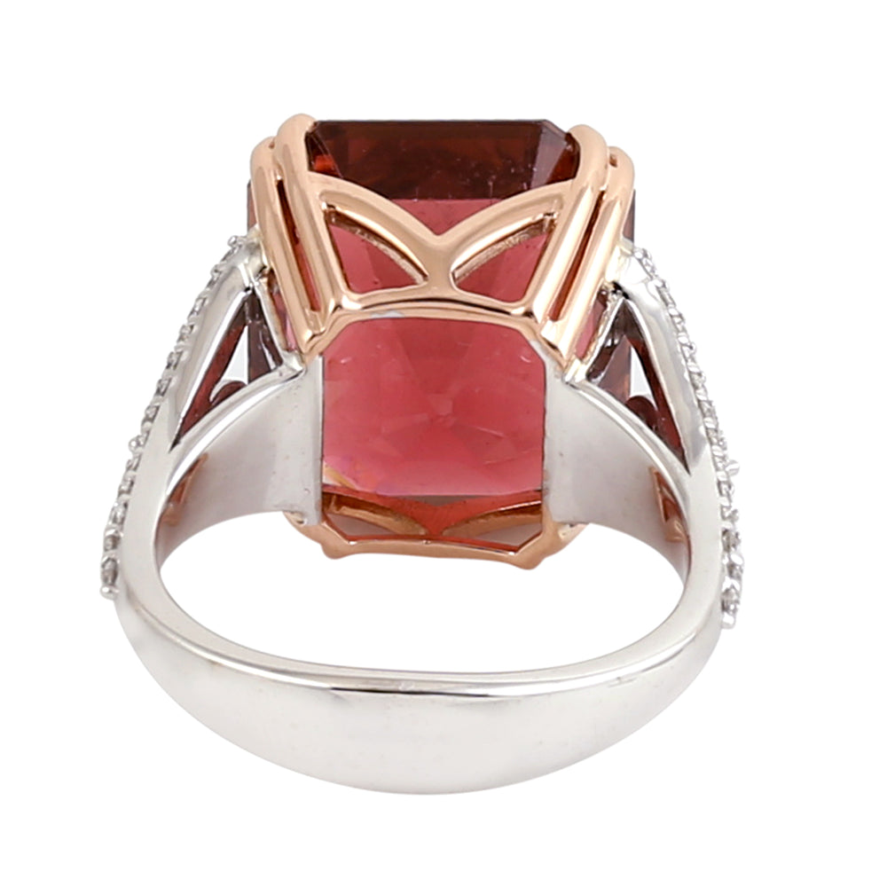 Octagon Pink Tourmaline Pave Diamond Wedding Ring in 18K White & Rose Gold