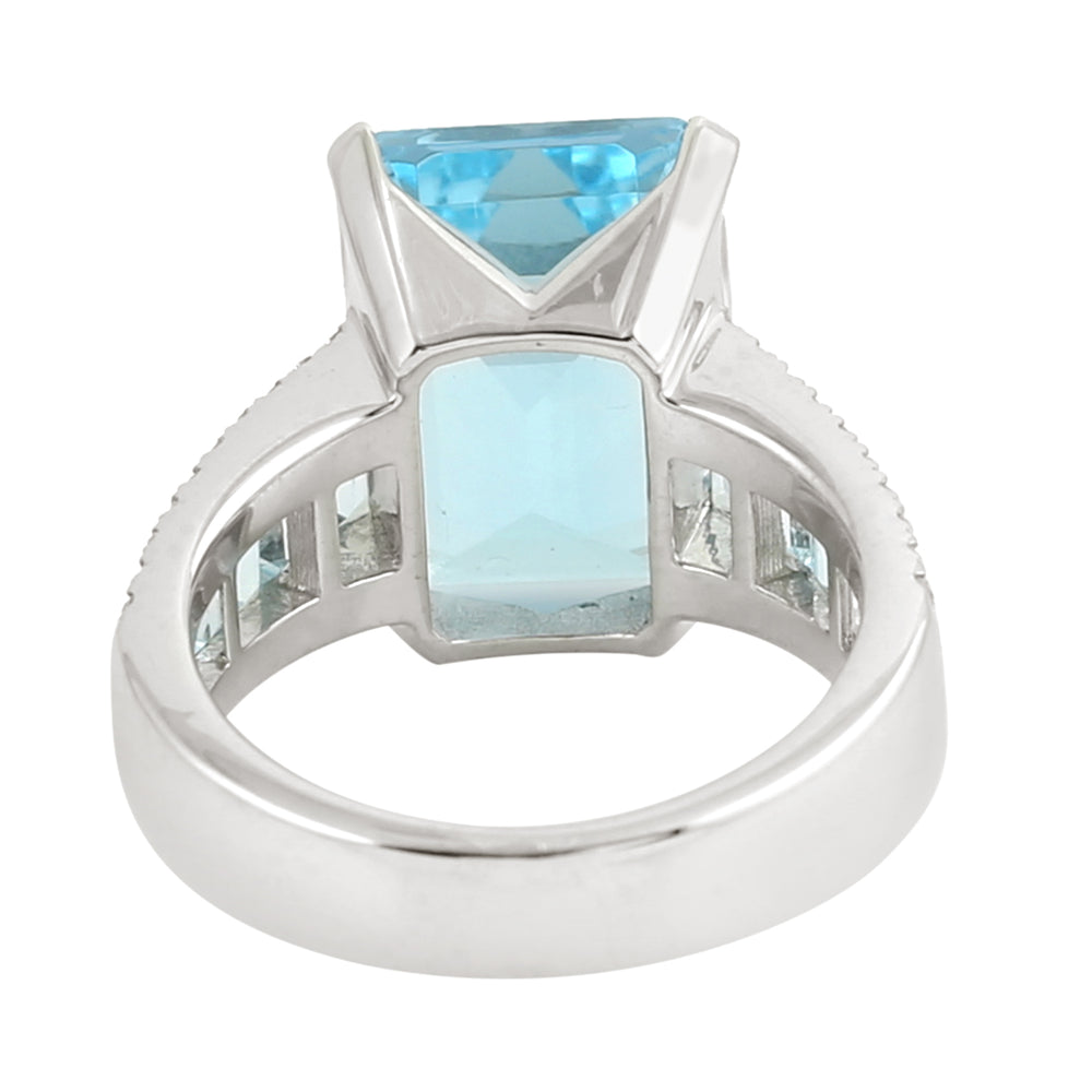 Emerald Cut Blue Topaz Pave Diamond In 18k White Gold Solitaire Ring For Women