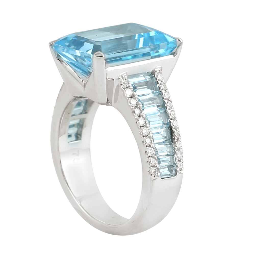 Emerald Cut Blue Topaz Pave Diamond In 18k White Gold Solitaire Ring For Women