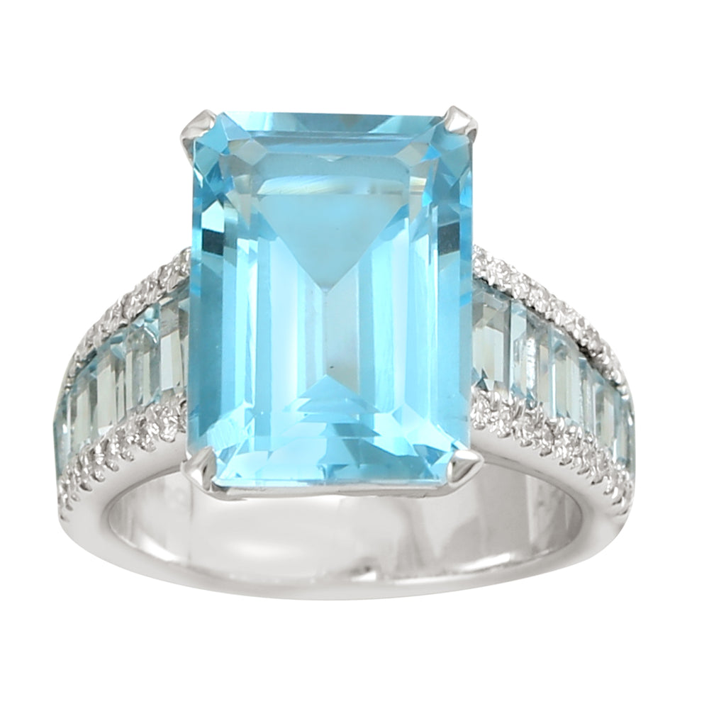 Emerald Cut Blue Topaz Pave Diamond In 18k White Gold Solitaire Ring For Women