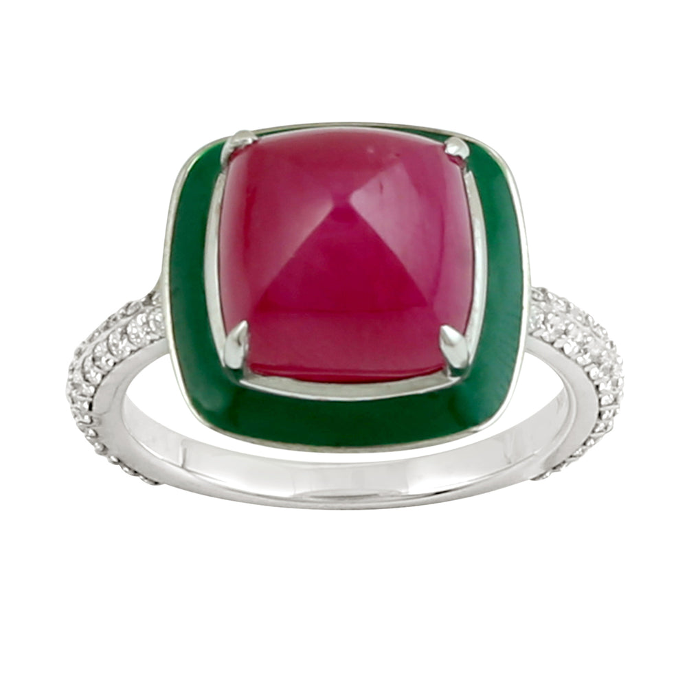 Pyramid Cut Ruby Pave Diamond Enamel Solitaire Ring In 18K White Gold