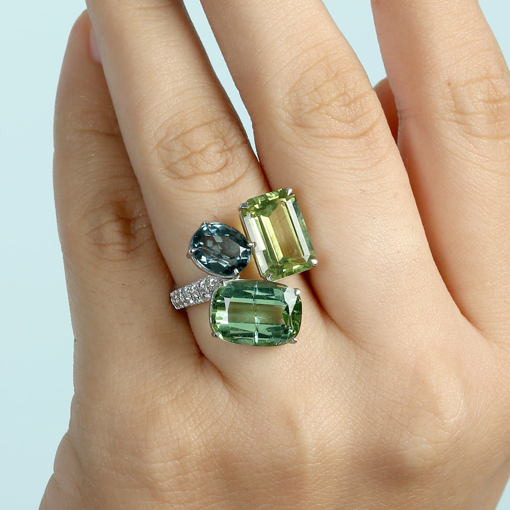 Green Tourmaline Gemstone Pave Diamond In White Gold Three Stone Ring For Her