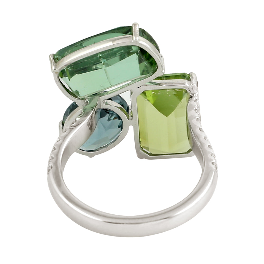 Green Tourmaline Gemstone Pave Diamond In White Gold Three Stone Ring For Her