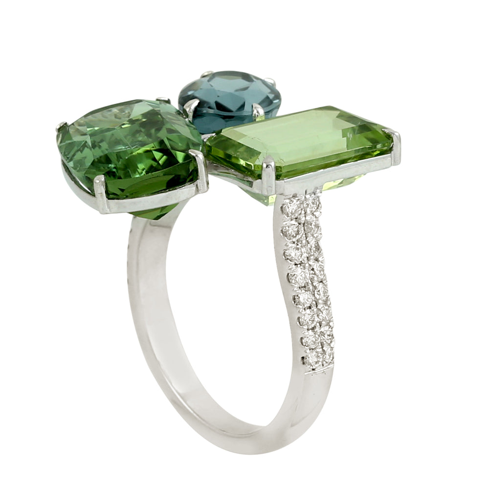 Green Tourmaline Gemstone Pave Diamond In White Gold Three Stone Ring For Her