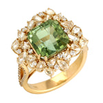 Square Cut Green Tourmaline Pave Diamond 18K Yellow Gold Designer Ring For Engagement