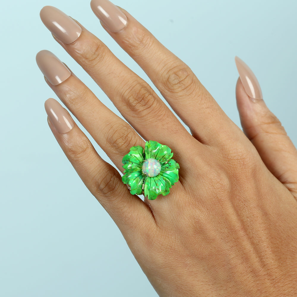 Carved Green Turquoise Opal Ethiopian Pave Tsavorite Diamond Flower Ring Jewelry For Women