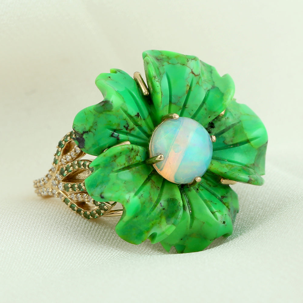 Carved Green Turquoise Opal Ethiopian Pave Tsavorite Diamond Flower Ring Jewelry For Women