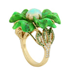 Carved Green Turquoise Opal Ethiopian Pave Tsavorite Diamond Flower Ring Jewelry For Women