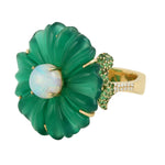 18K Yellow Gold Carved Onyx Opal Ethiopian Tsavorite Gemstone Pave Diamond Flower Ring