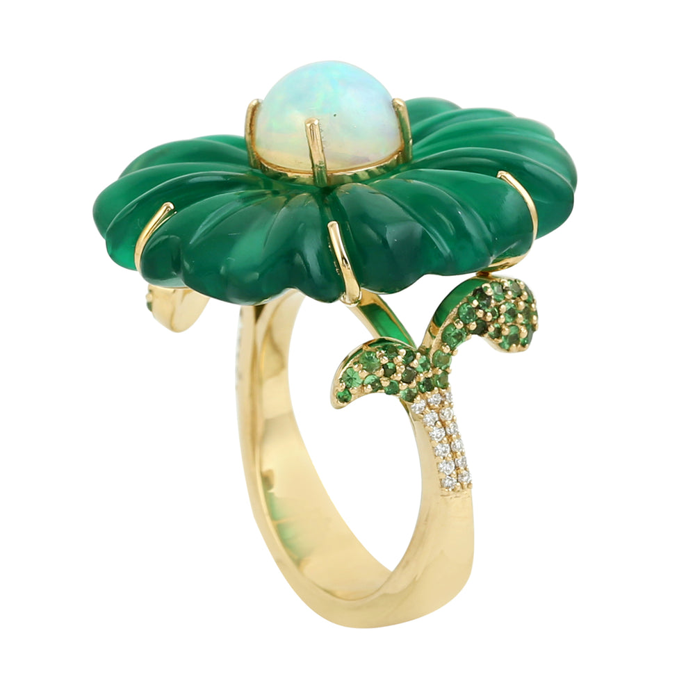 18K Yellow Gold Carved Onyx Opal Ethiopian Tsavorite Gemstone Pave Diamond Flower Ring