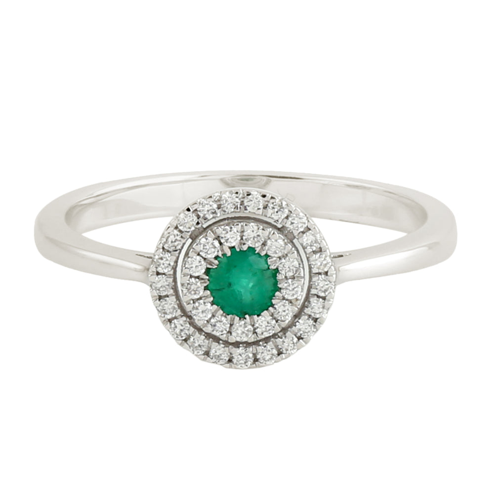 Natural Round Emerald Pave Diamond 18K White Gold Band Ring Jewelry For Gifts