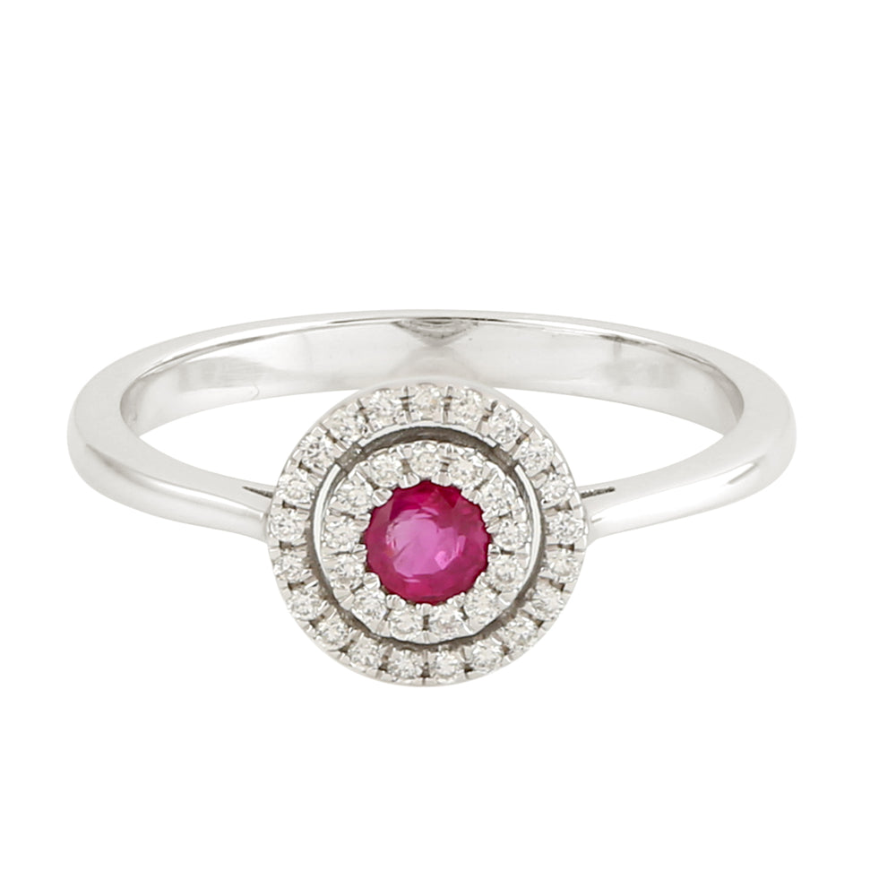 Ruby Gemstone Pave Diamond 18K White Gold Band Ring Jewelry