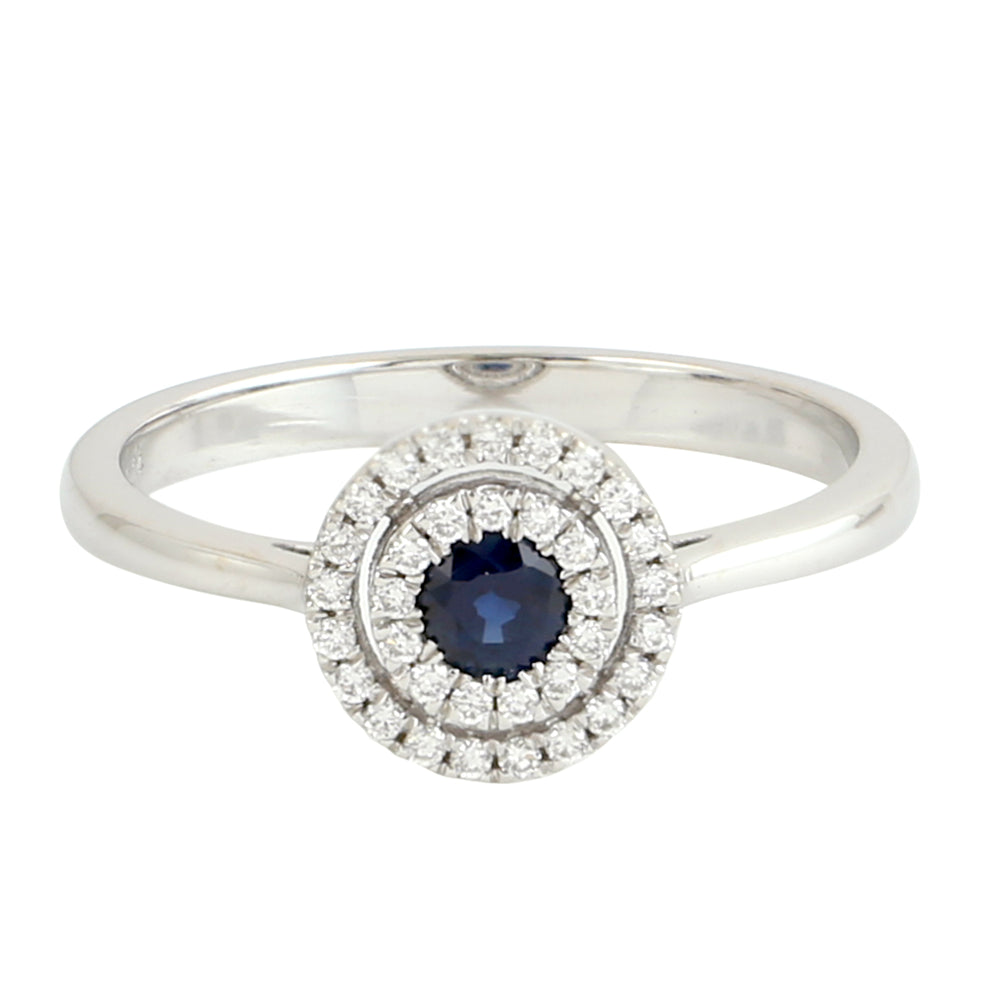 Natural Blue Sapphire Pave Diamond 18K White Gold Band Ring Jewelry