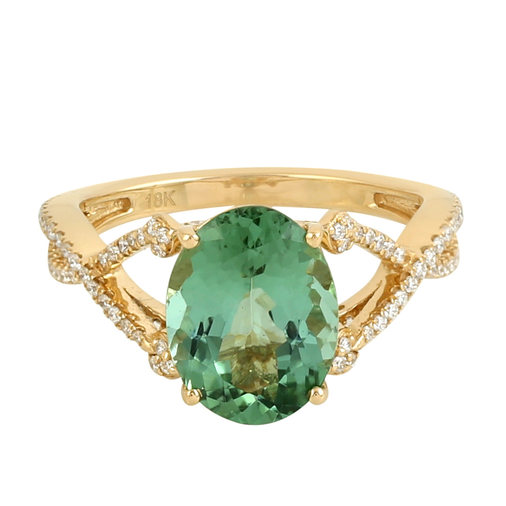 18K Yellow Gold Oval Cut Tourmaline Pave Diamond Solitaire Ring For Her