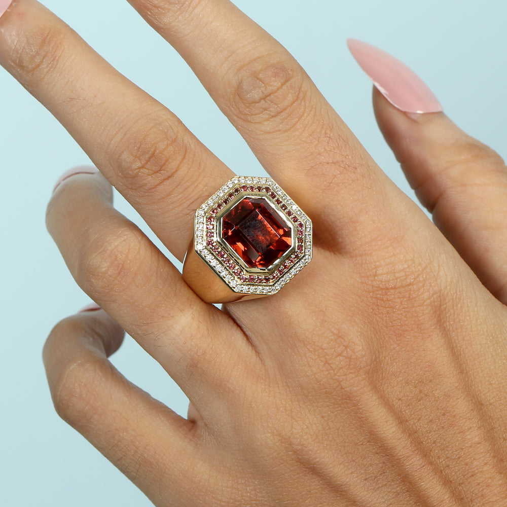 Octagon Cut Pink Tourmaline Pave Diamond In Yellow Gold Designer Cocktail Ring