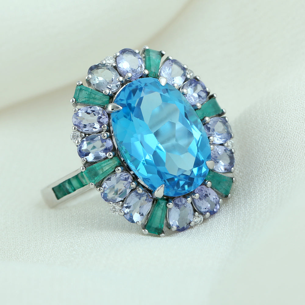 Oval Blue Topaz Tanzanite Baguette Emerald Diamond In White Gold Beautiful Ring