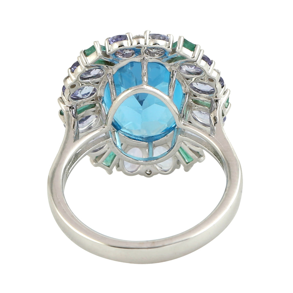 Oval Blue Topaz Tanzanite Baguette Emerald Diamond In White Gold Beautiful Ring