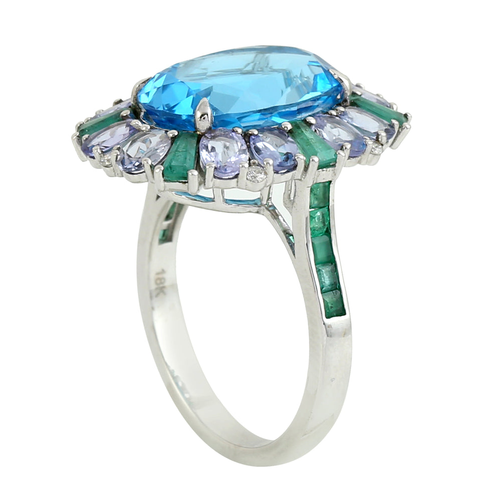 Oval Blue Topaz Tanzanite Baguette Emerald Diamond In White Gold Beautiful Ring