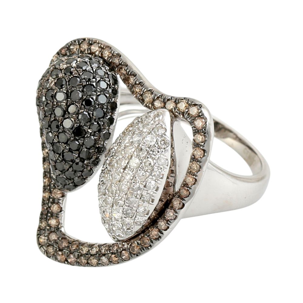 Natural Colored Pave Diamond Heart Shape Ring In 18K White Gold