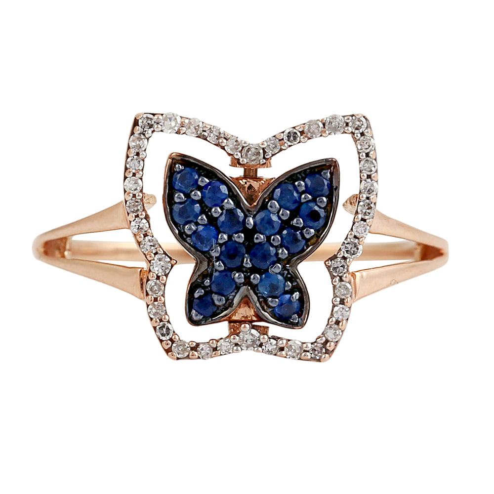 Rose Gold Butterfly Ring with Blue Sapphire & Pave Diamonds – Elegant Split Band Design