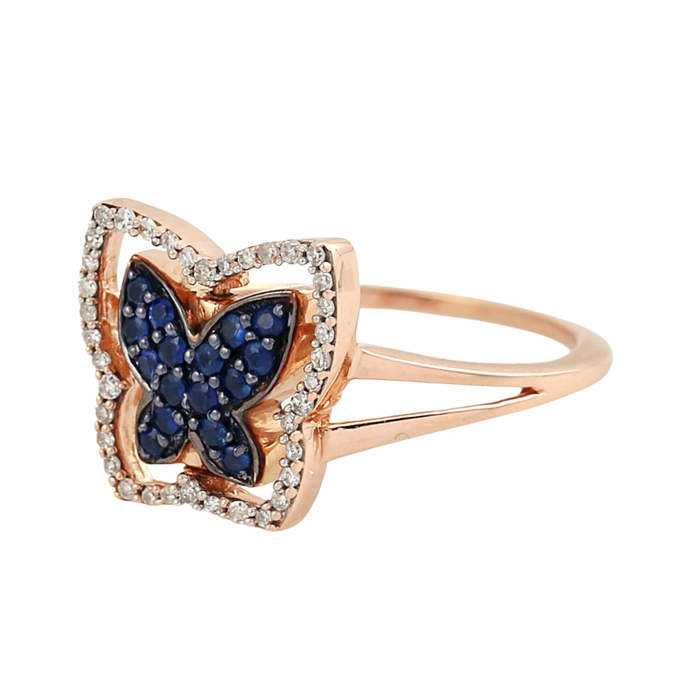 Rose Gold Butterfly Ring with Blue Sapphire & Pave Diamonds – Elegant Split Band Design
