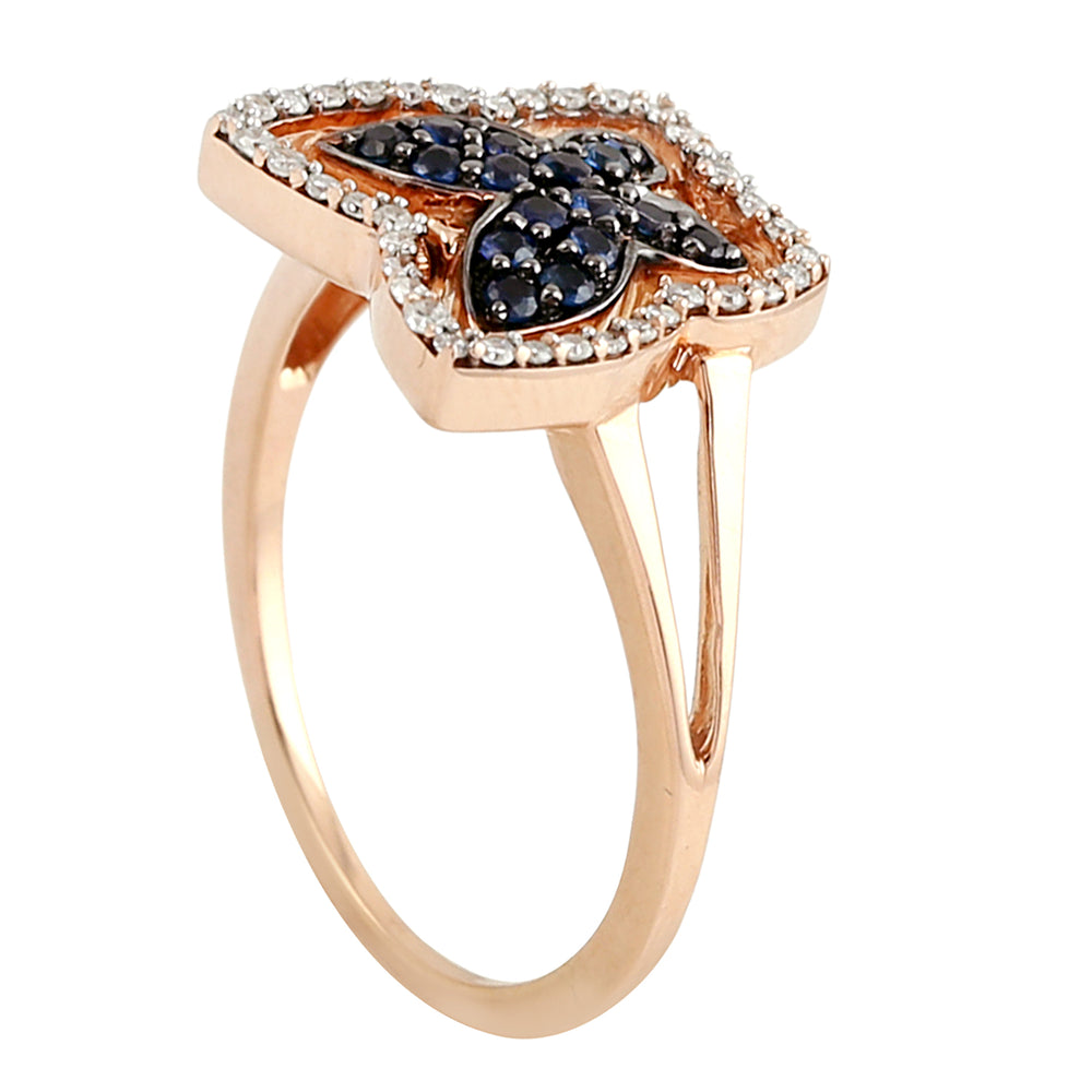 Rose Gold Butterfly Ring with Blue Sapphire & Pave Diamonds – Elegant Split Band Design