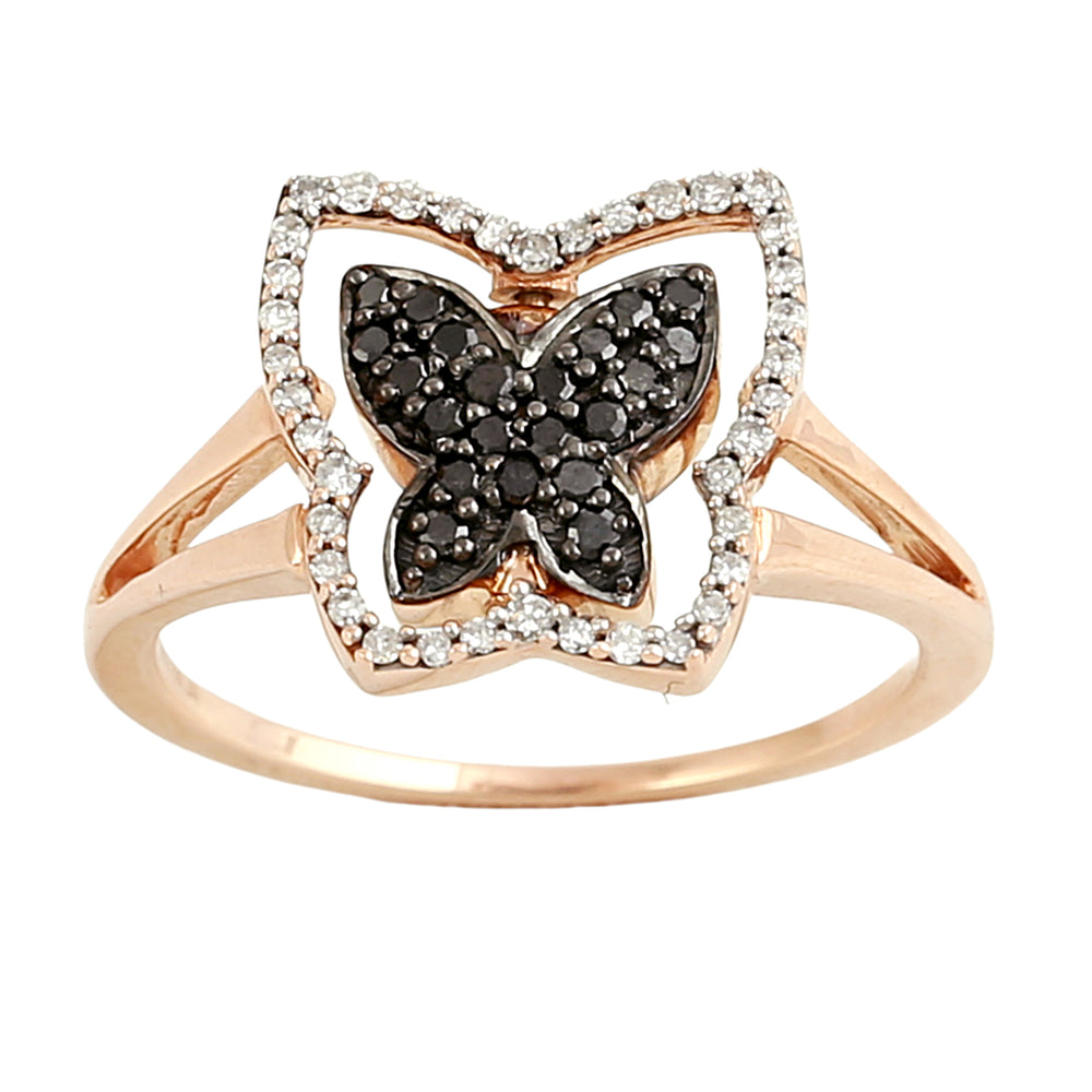 Rose Gold Butterfly Ring with Blue Sapphire & Pave Diamonds – Elegant Split Band Design